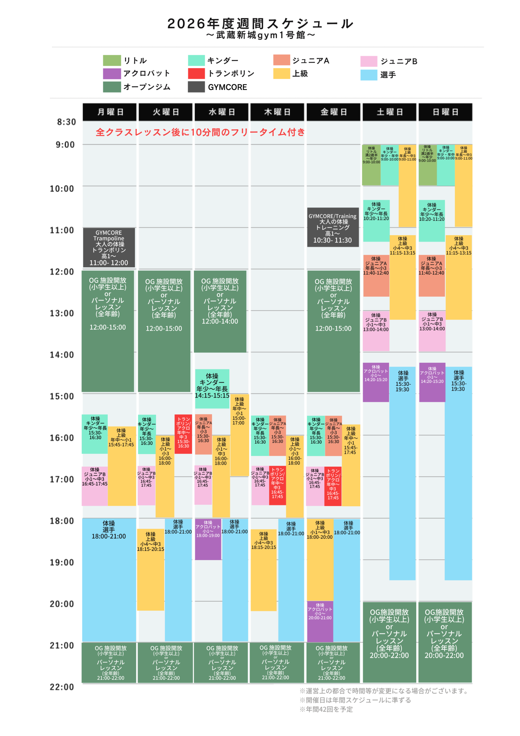 武蔵新城gym1号館の週間スケジュール